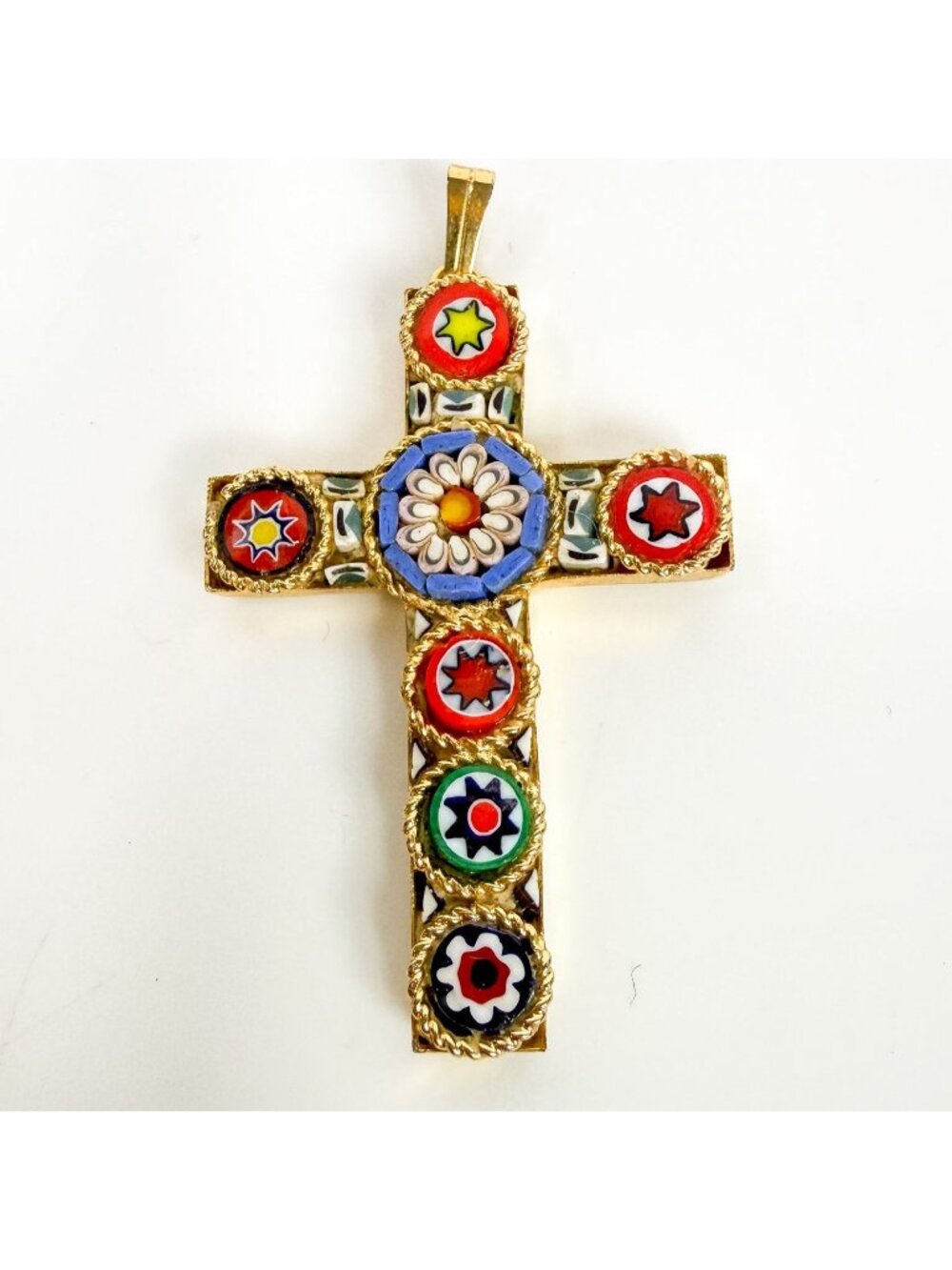 Vintage Gold Tone Millefiori Mosaic Cross Pendant With Floral Art Glass Design